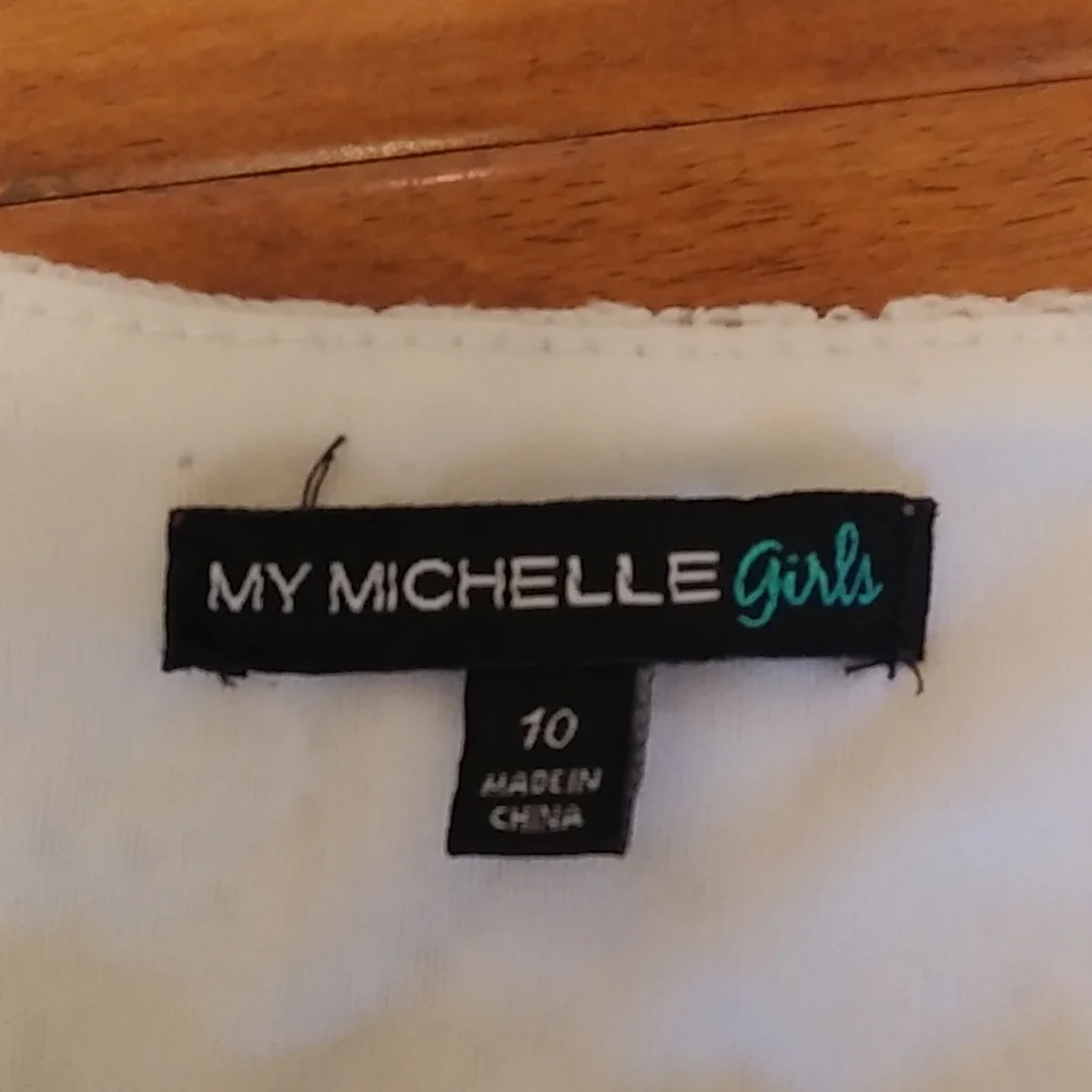 My Michelle Girls White Lined Lace Dress with Unlined Bell Sleeves, 10